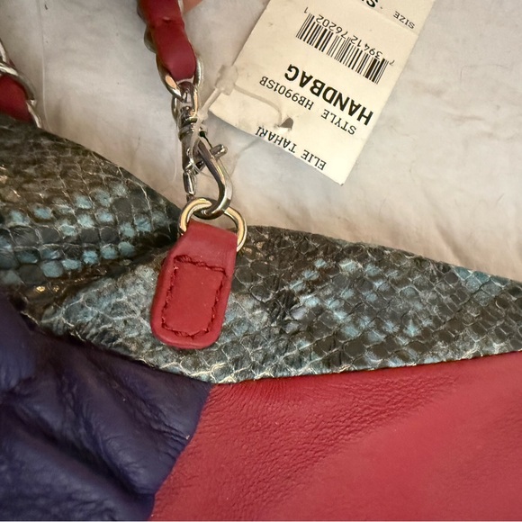 Elie Tahari Teal Snakeskin, with Purple and Red Leather Clutch - Picture 5 of 9